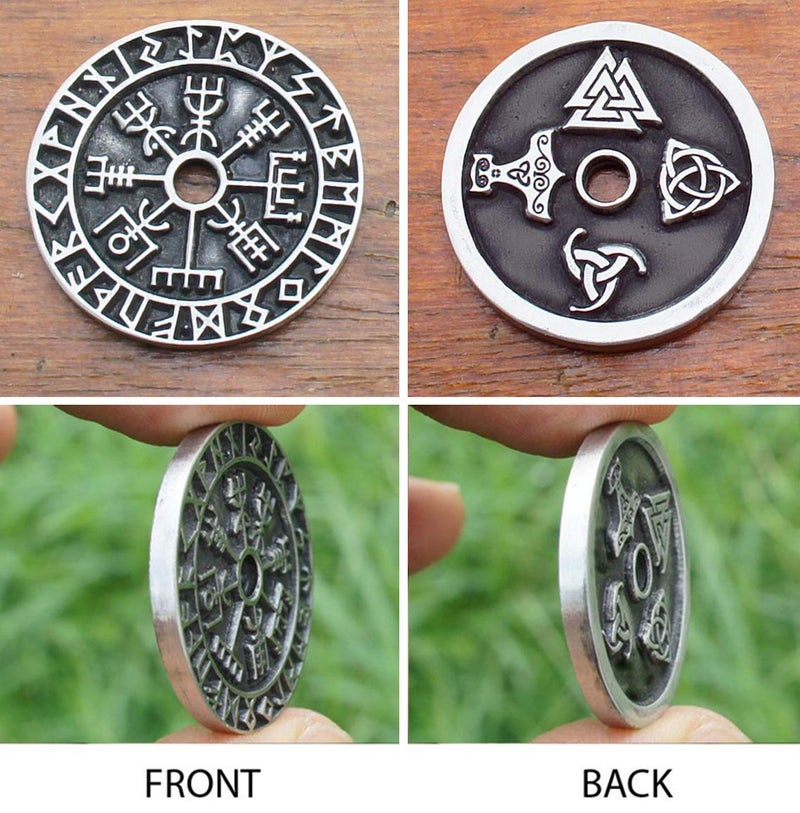 CCBFY Nordic Coin Amulet VegvÃ­sir Odin Triple Horn Triquetra Valknut All in One Pewter Pendant Necklace - Image 5